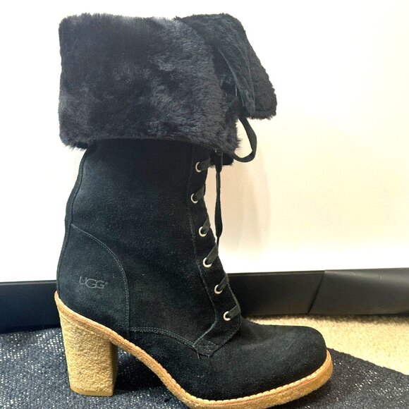 UGG Tall Suede Lace-Up Heeled Boot, Black US 9.5/EU 40.5/UK 8 - Picture 2 of 9